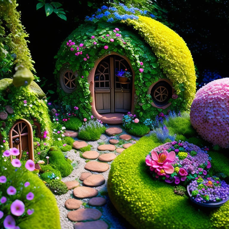 Whimsical garden scene with round door on hill surrounded by vibrant flowers