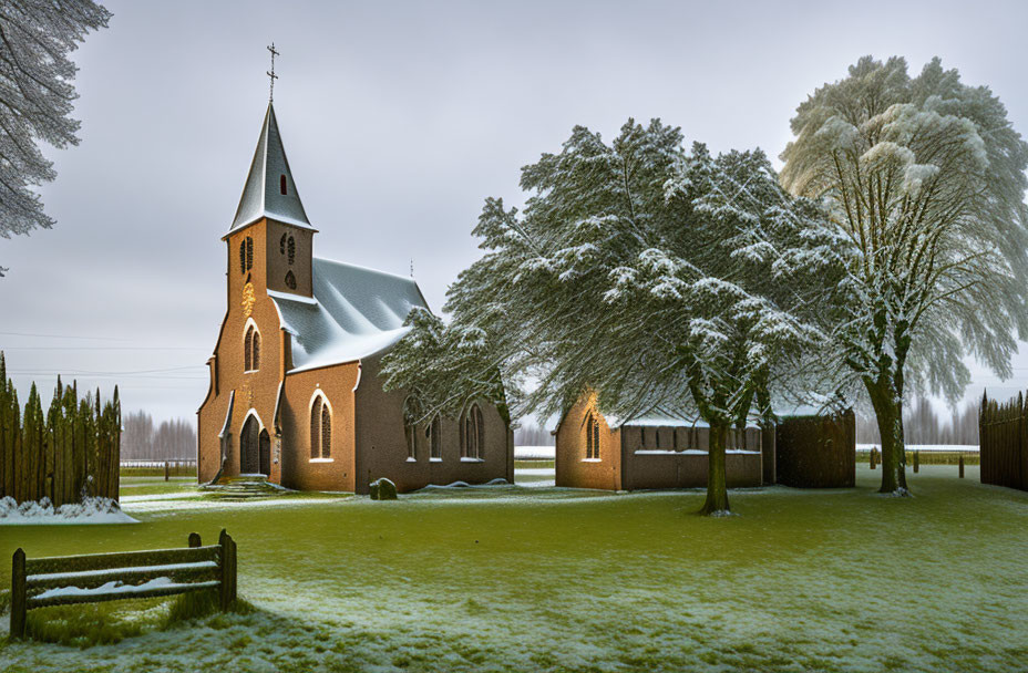 Snow-covered trees and small church with spire in misty morning scene.