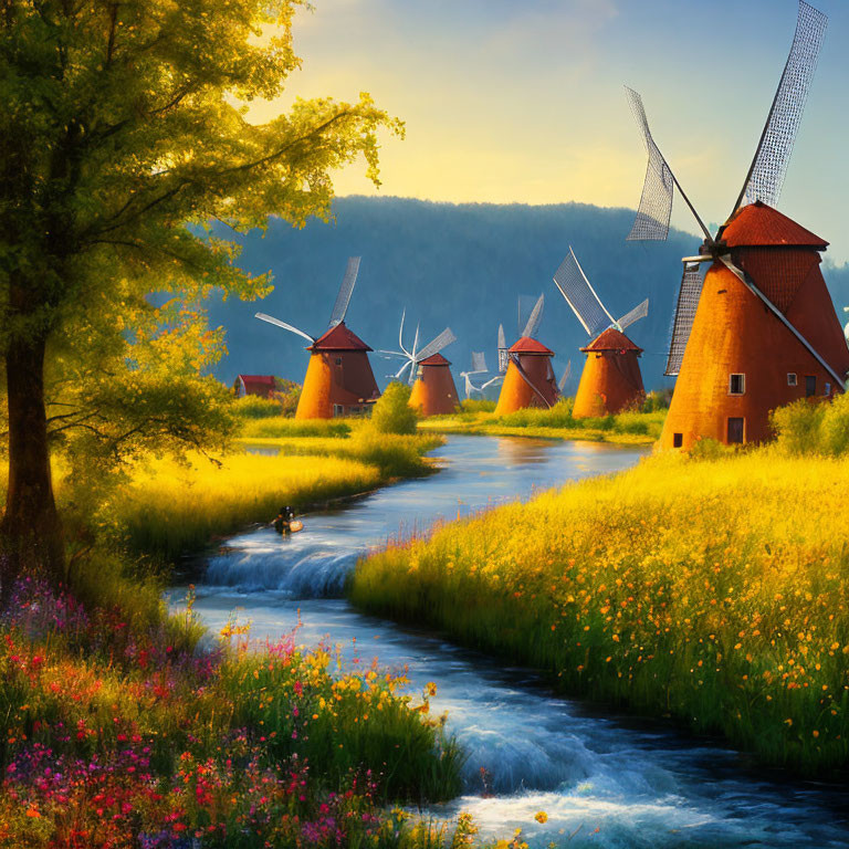 Rustic windmills by stream with lush greenery and wildflowers at sunset