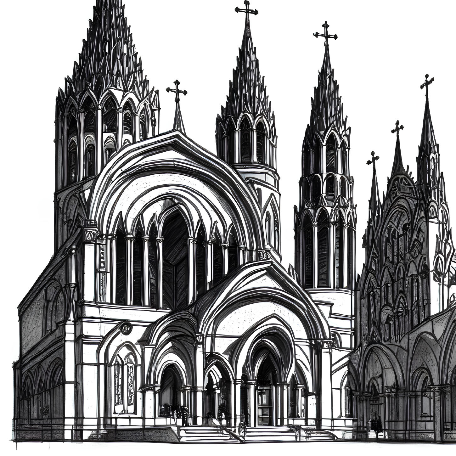 Detailed Gothic Cathedral Ink Drawing with Pointed Arches and Spires