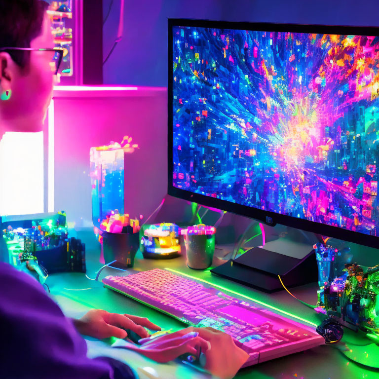 Colorful gaming setup with vibrant keyboard and neon lights.