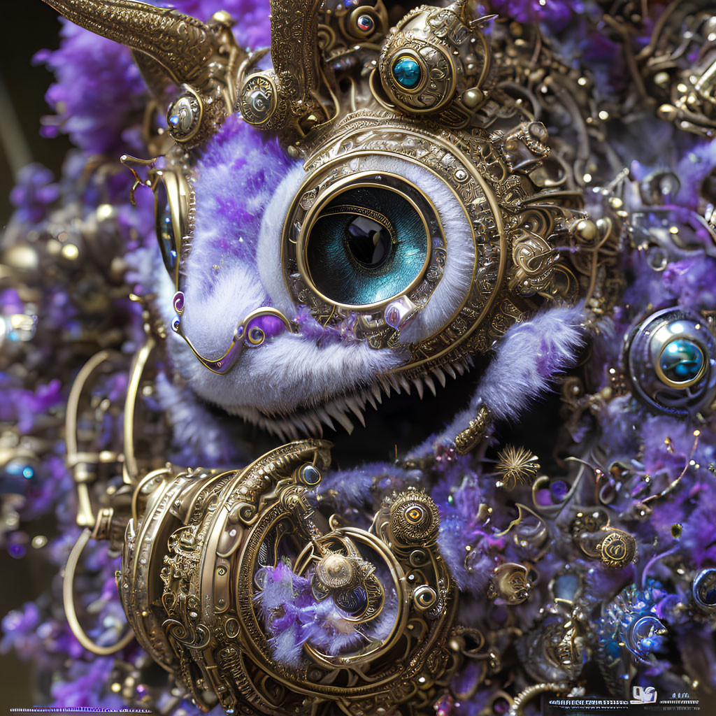 Steampunk-inspired creature with large eye, golden mechanics, and purple fur