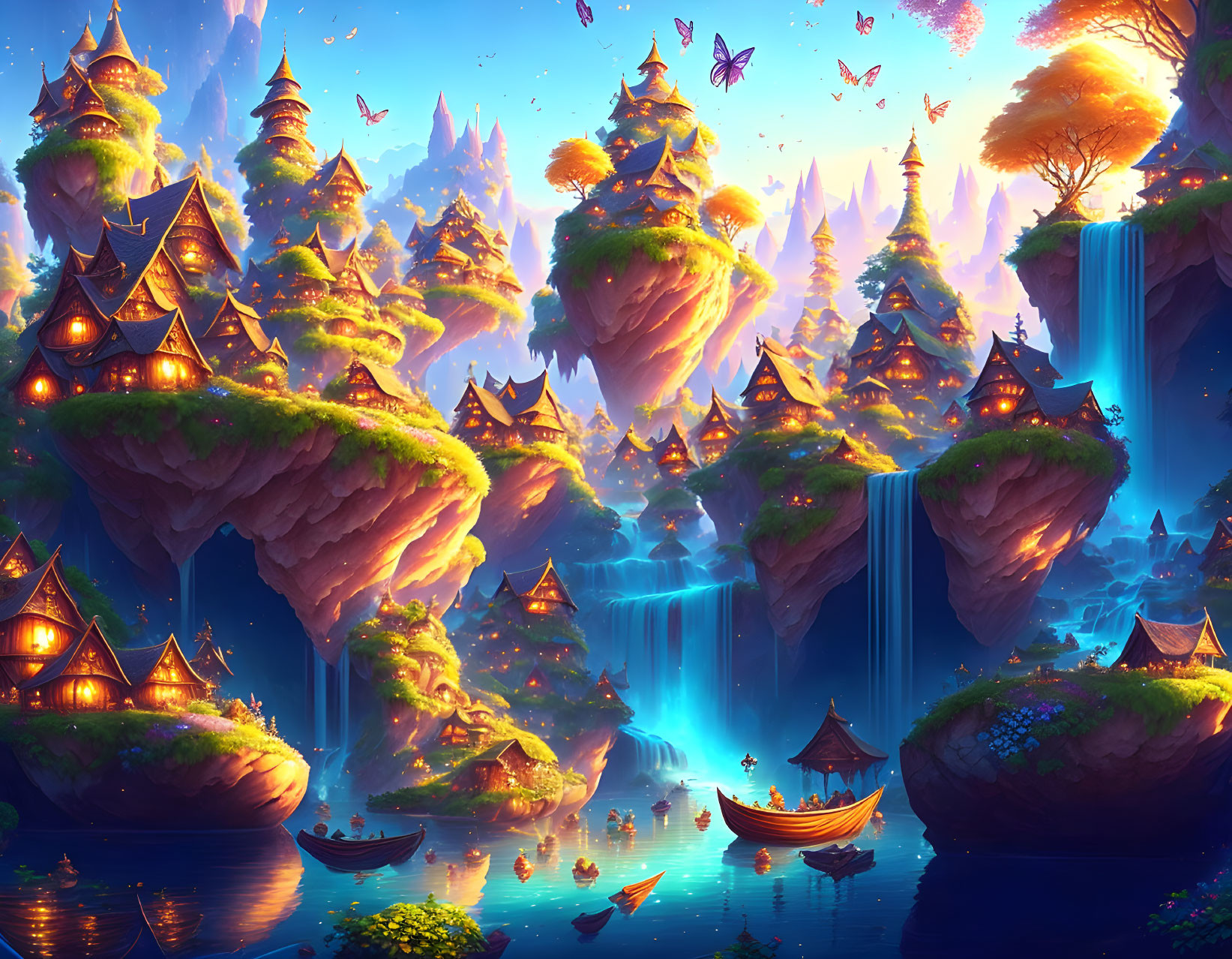 Fantastical landscape with floating islands, waterfalls, vibrant flora, boats, and whimsical structures