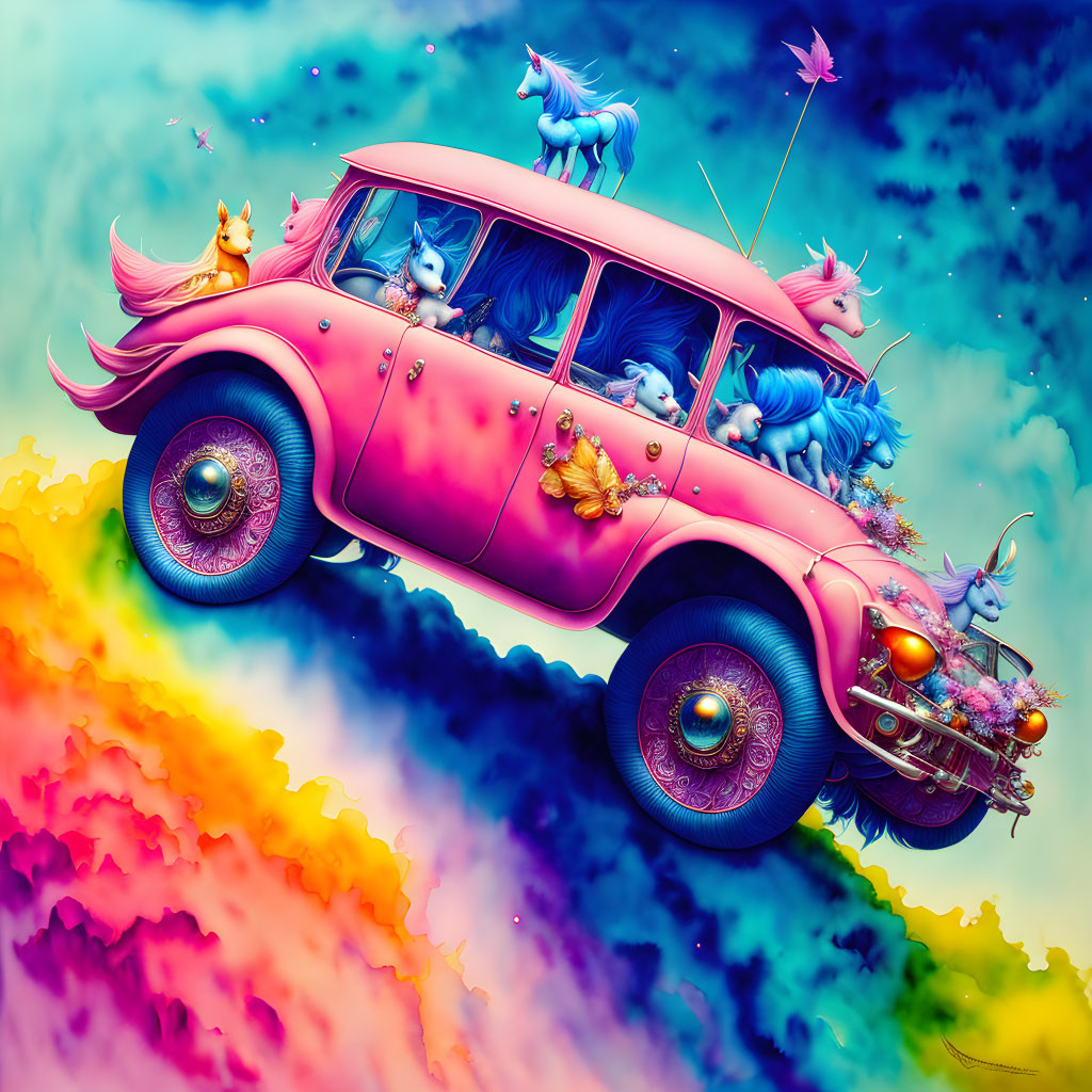 Colorful Whimsical Illustration of Pink Classic Car with Unicorns on Rainbow Cloud Background