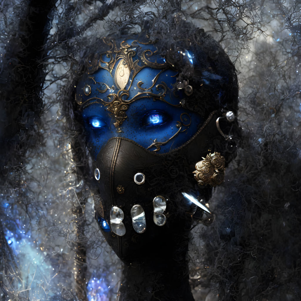 Ornate Mask with Glowing Blue Eyes and Gold Details