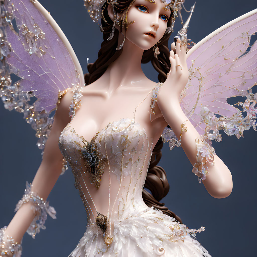 Intricate fantasy figure with elegant wings in bejeweled white dress