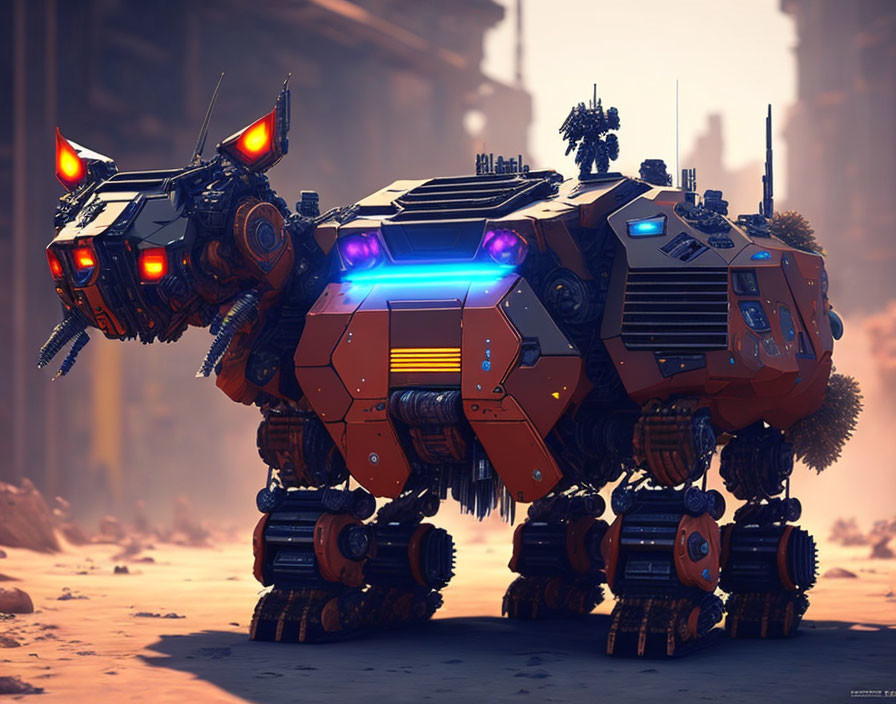 Futuristic robotic quadruped with cannons and smaller robot in dusty street