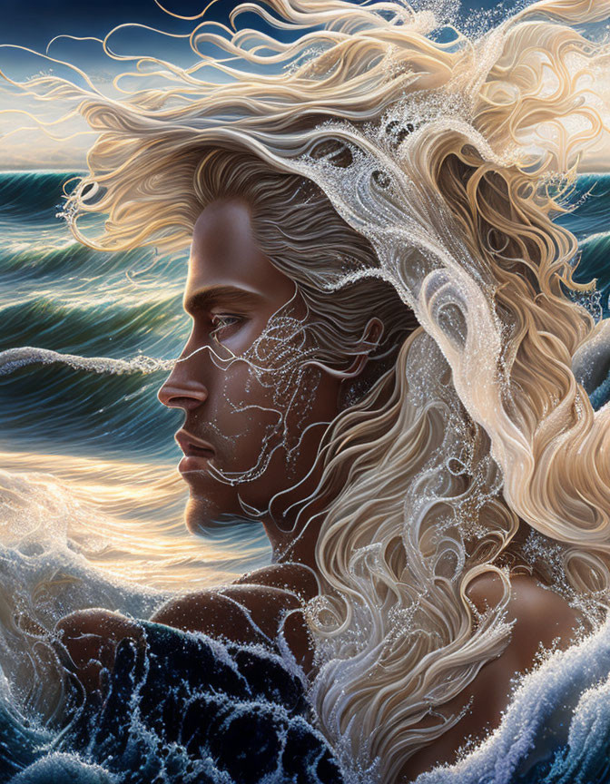 Person merging with the sea: Artistic illustration with flowing hair and intricate water patterns