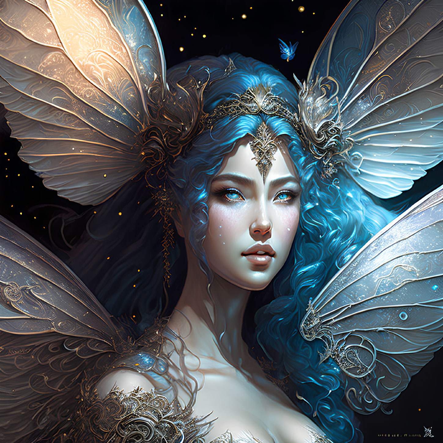 Blue-skinned female figure with butterfly wings in starry setting and adorned with jewelry.