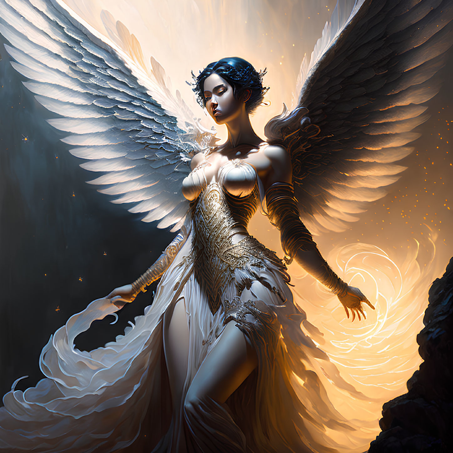 Ethereal angel illustration with white wings and golden armor