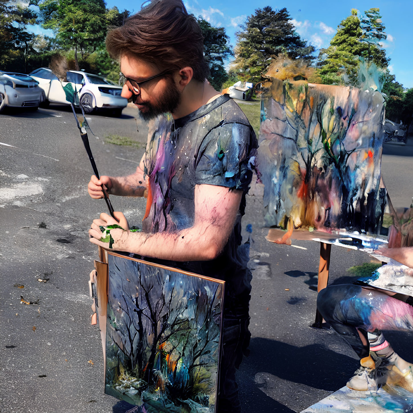 Bearded artist painting outdoors with trees and cars in background