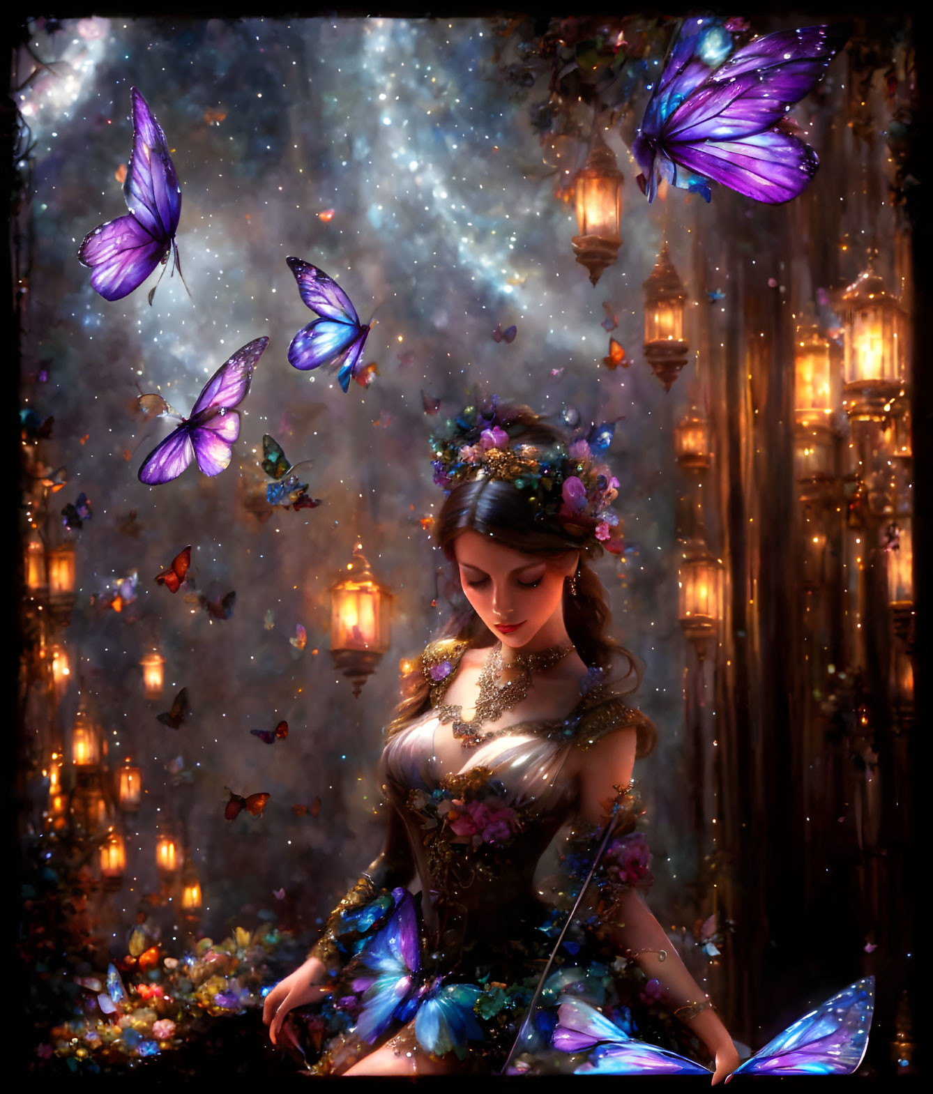 Woman in floral crown surrounded by butterflies and lanterns under starry sky