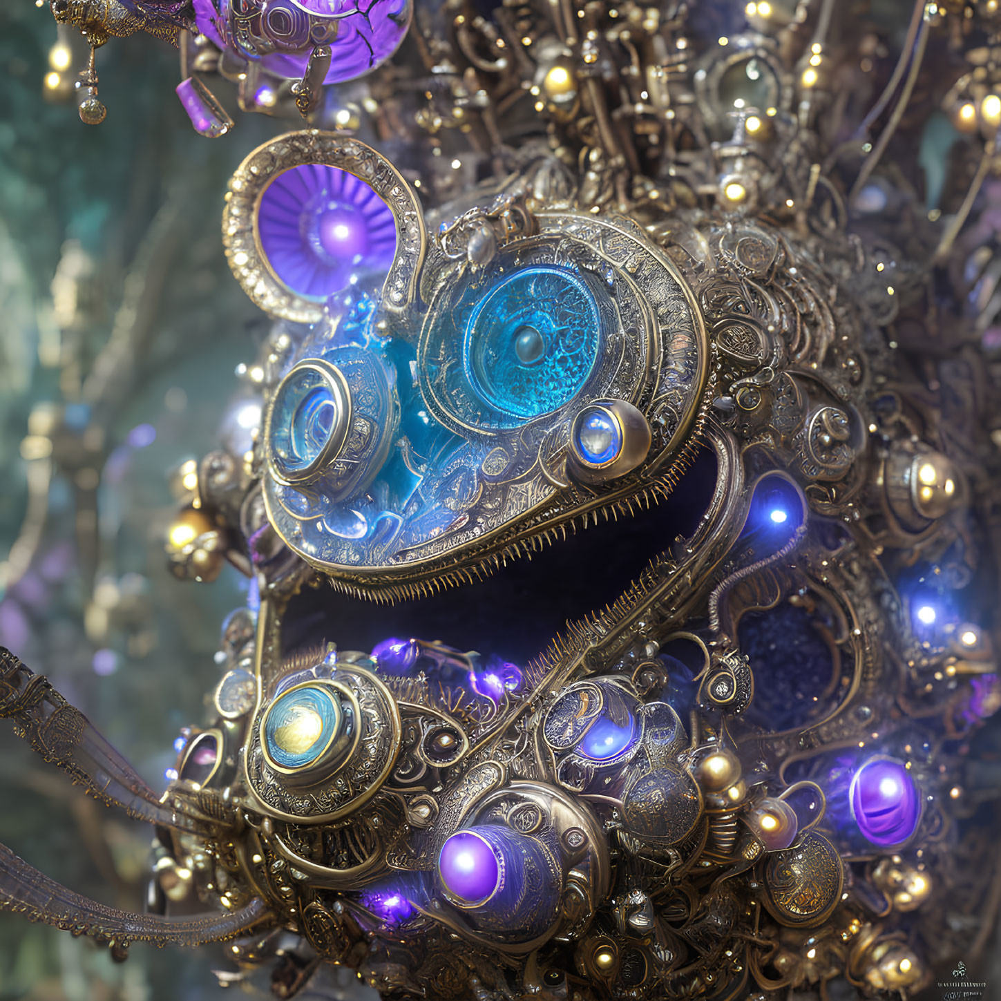 Steampunk-style mechanical heart with gears, cogs, and purple orbs on ornate metalwork