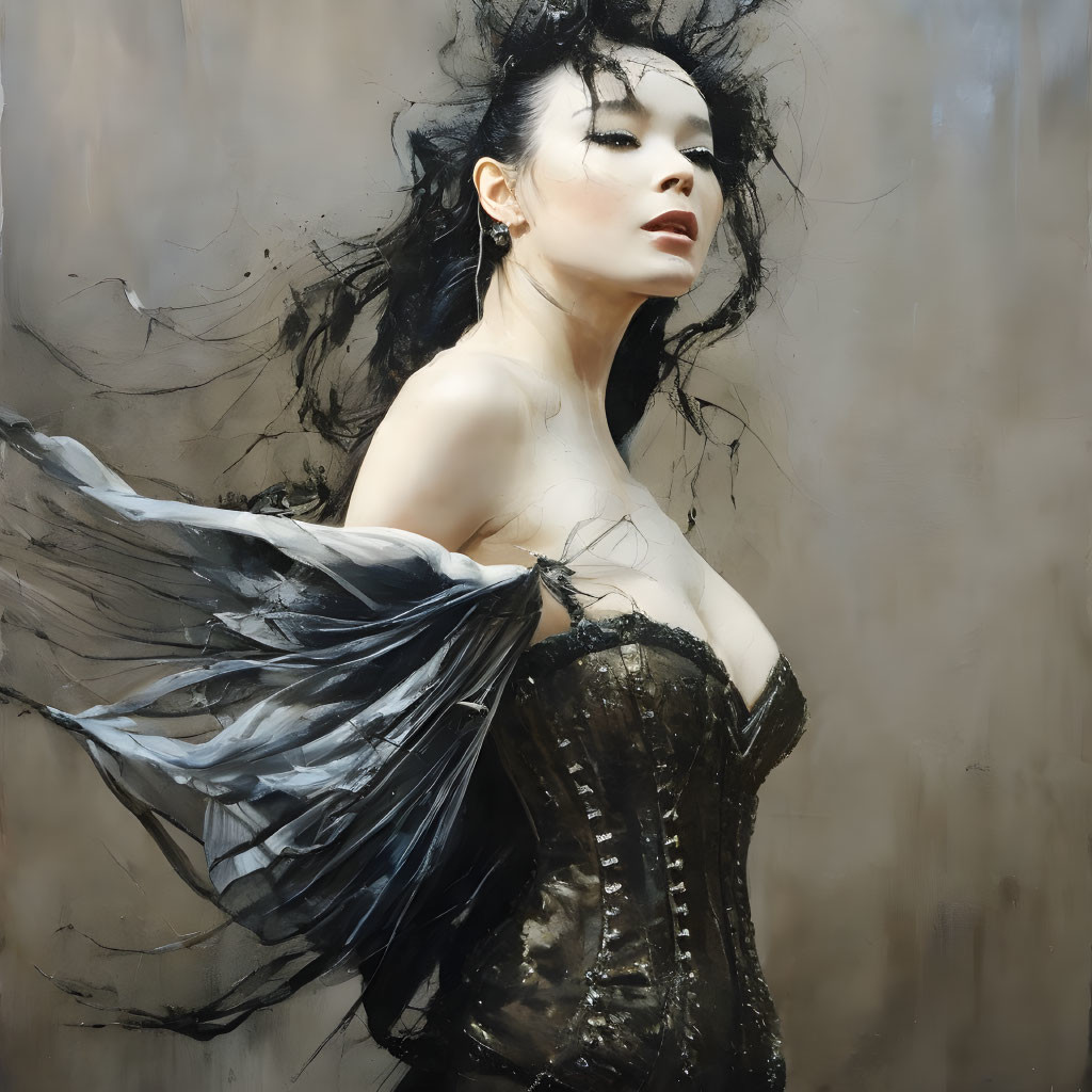 Dark-haired woman in corset with wing-like fabric, looking away on textured background