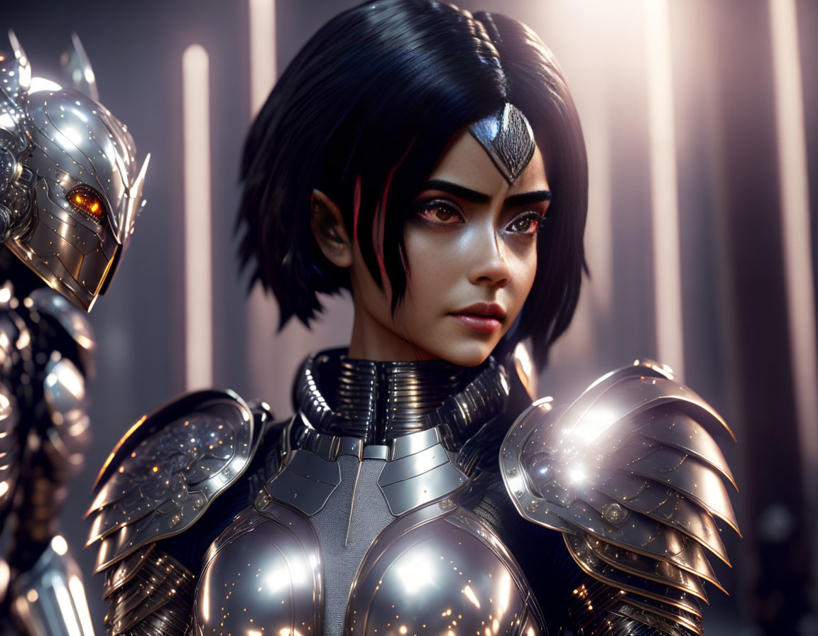 Female warrior in futuristic armor with robotic companion in dimly lit setting