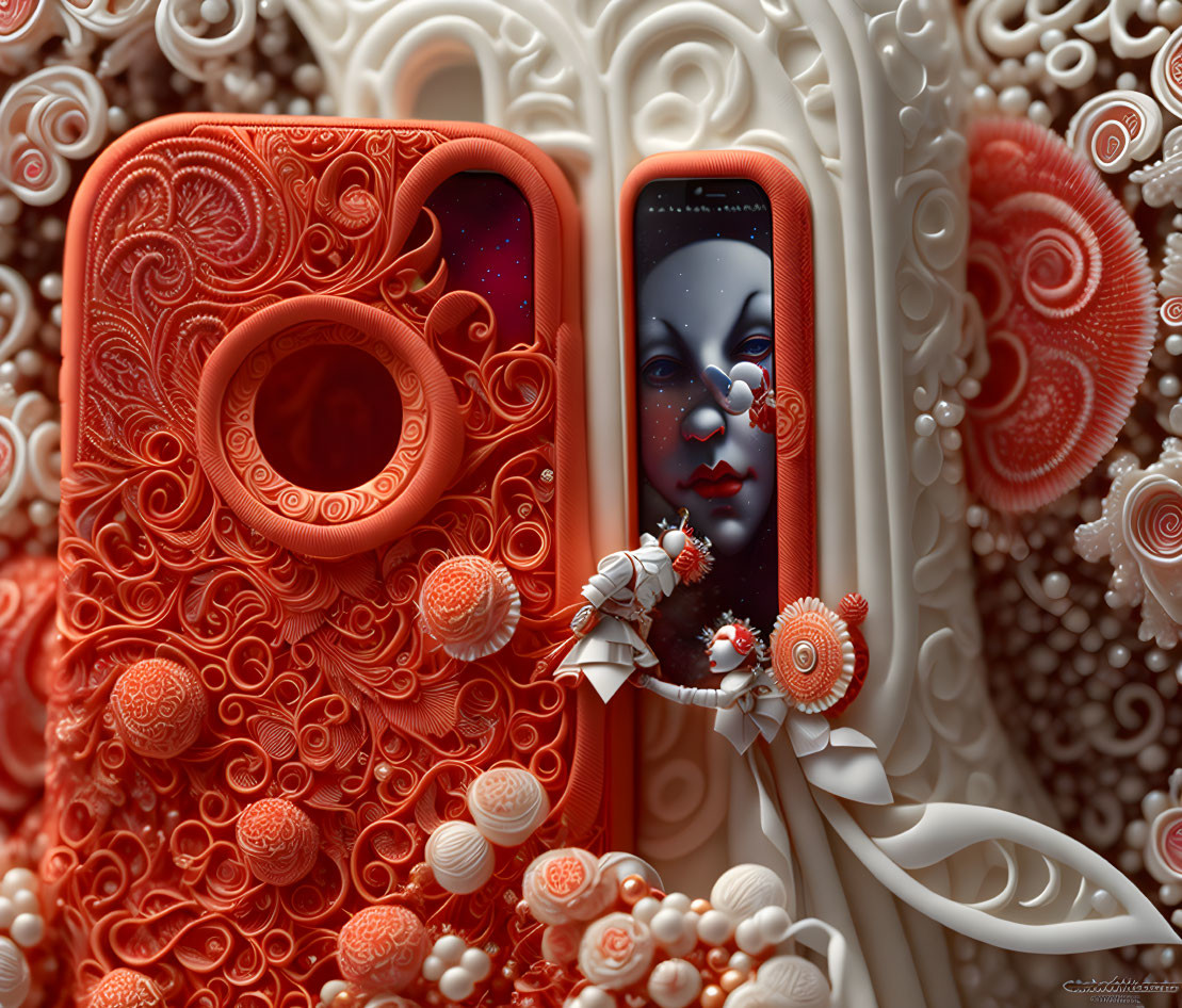 Red and White 3D Artwork of Abstract Female Figure and Mobile Phone Combination