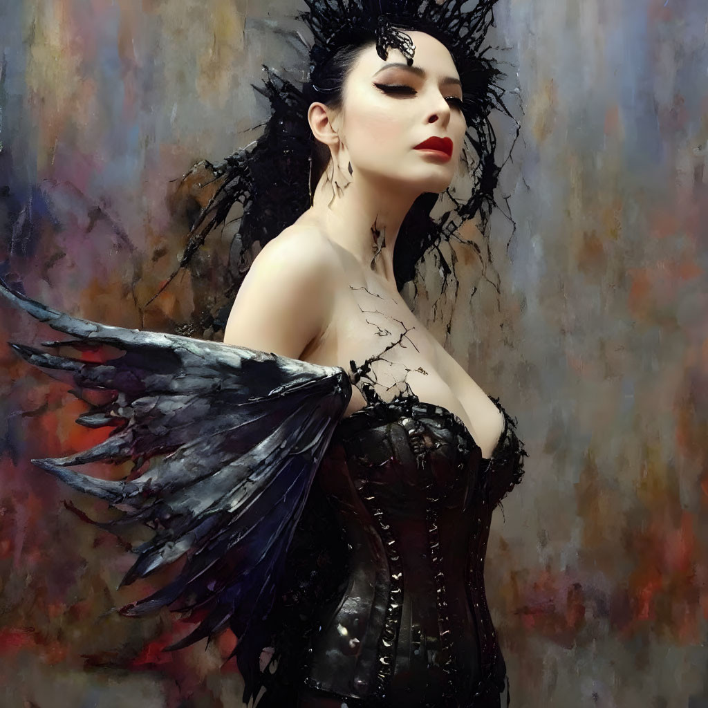Person in dramatic gothic makeup and winged attire on abstract background