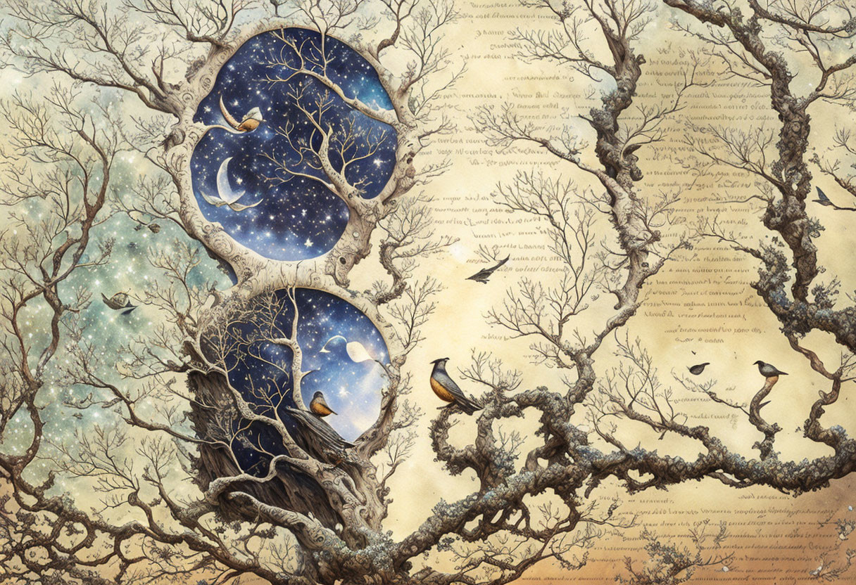 Detailed Tree Illustration with Yin-Yang Branches and Night Sky Stars