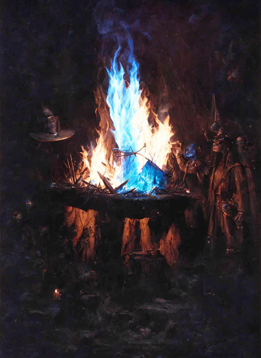 Mystical blue fire burning on wood with shadowy figures in armor