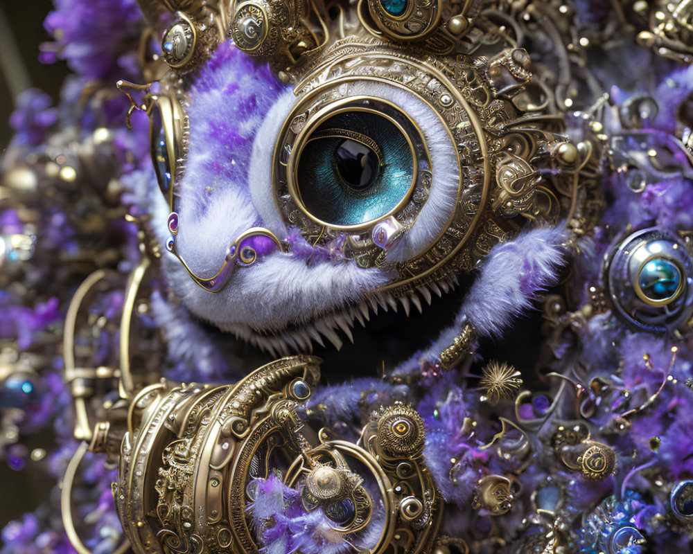 Steampunk-inspired creature with large eye, golden mechanics, and purple fur