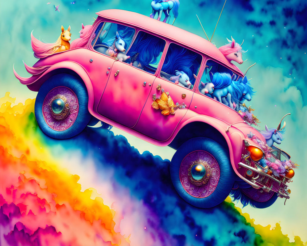 Colorful Whimsical Illustration of Pink Classic Car with Unicorns on Rainbow Cloud Background