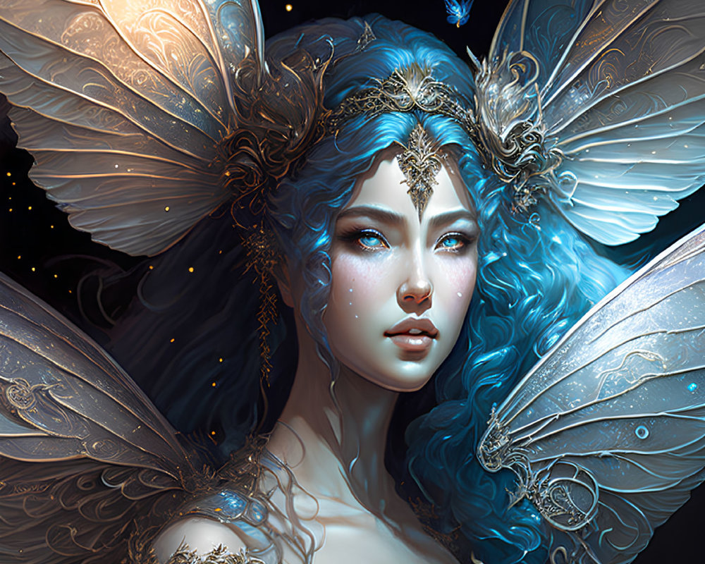 Blue-skinned female figure with butterfly wings in starry setting and adorned with jewelry.