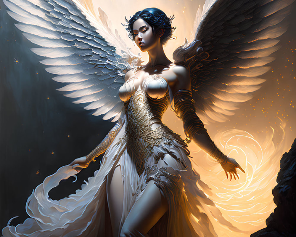 Ethereal angel illustration with white wings and golden armor