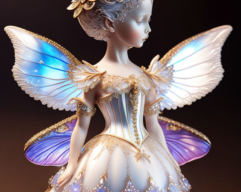 Intricate fairy figurine with golden details and colorful wings