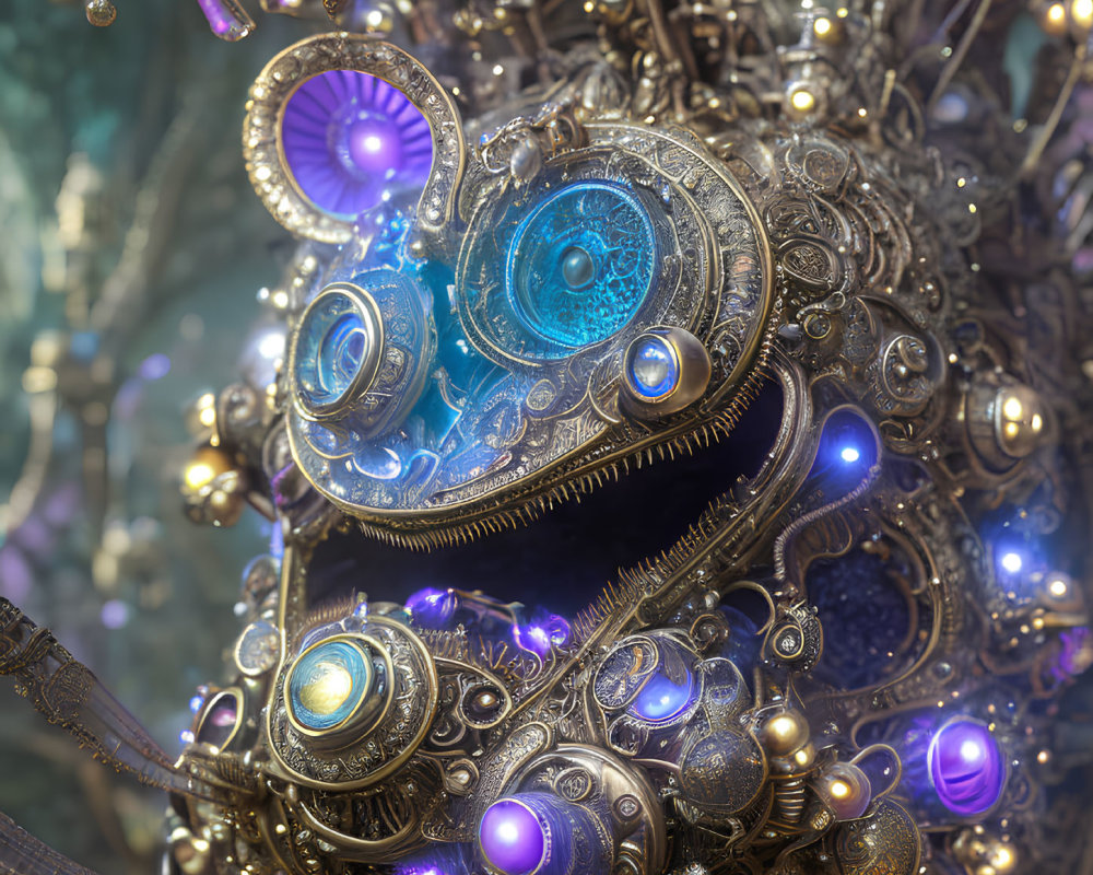 Steampunk-style mechanical heart with gears, cogs, and purple orbs on ornate metalwork