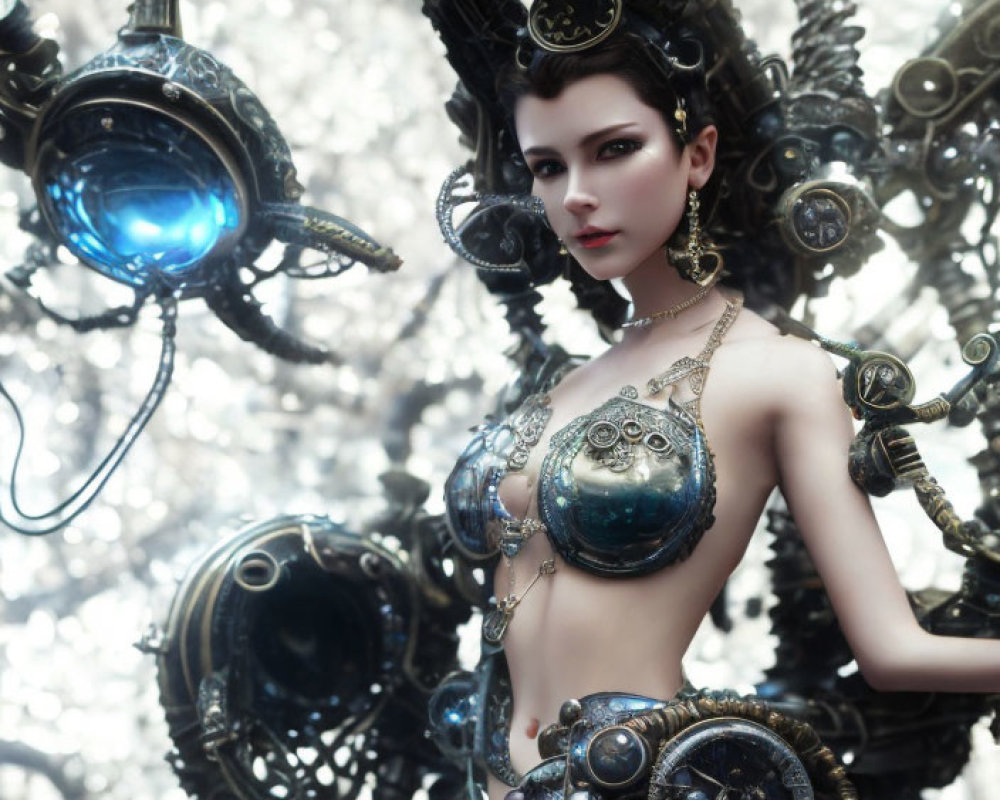 Futuristic steampunk style woman with intricate metallic adornments