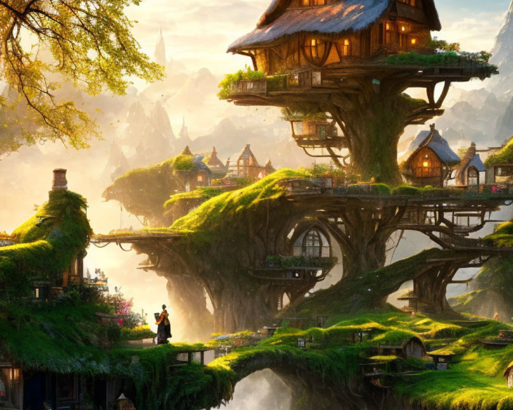 Majestic treehouse in fantasy landscape with castle, waterfalls, and lush greenery