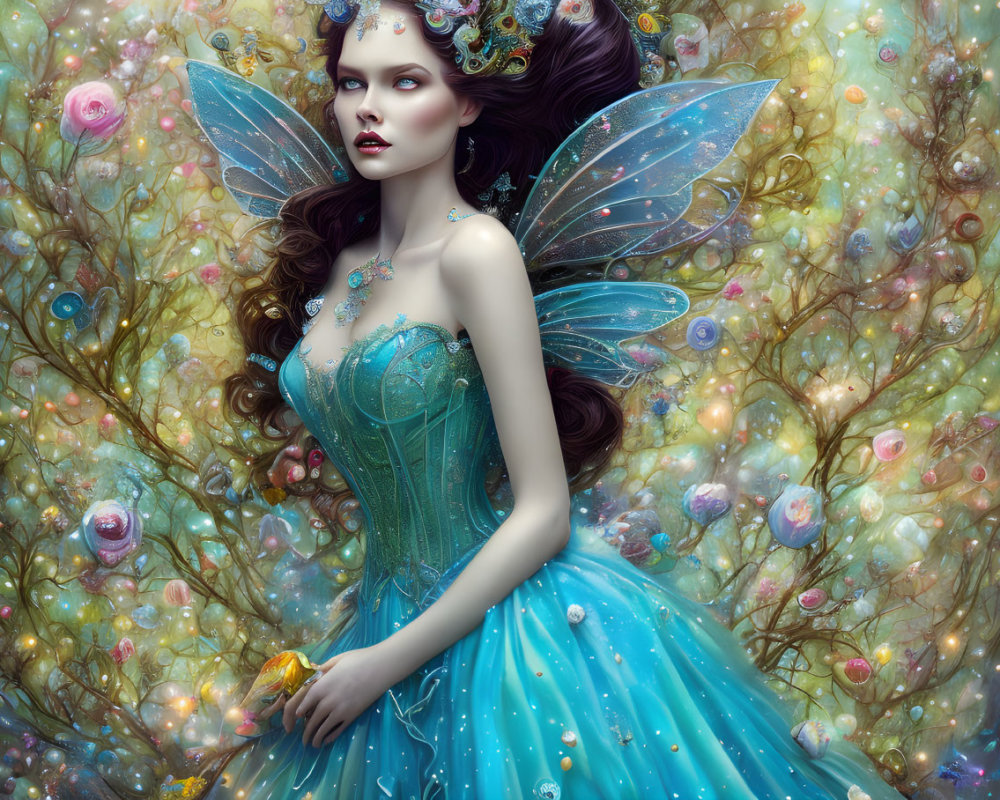 Fantastical fairy with iridescent wings in turquoise gown in enchanted forest.