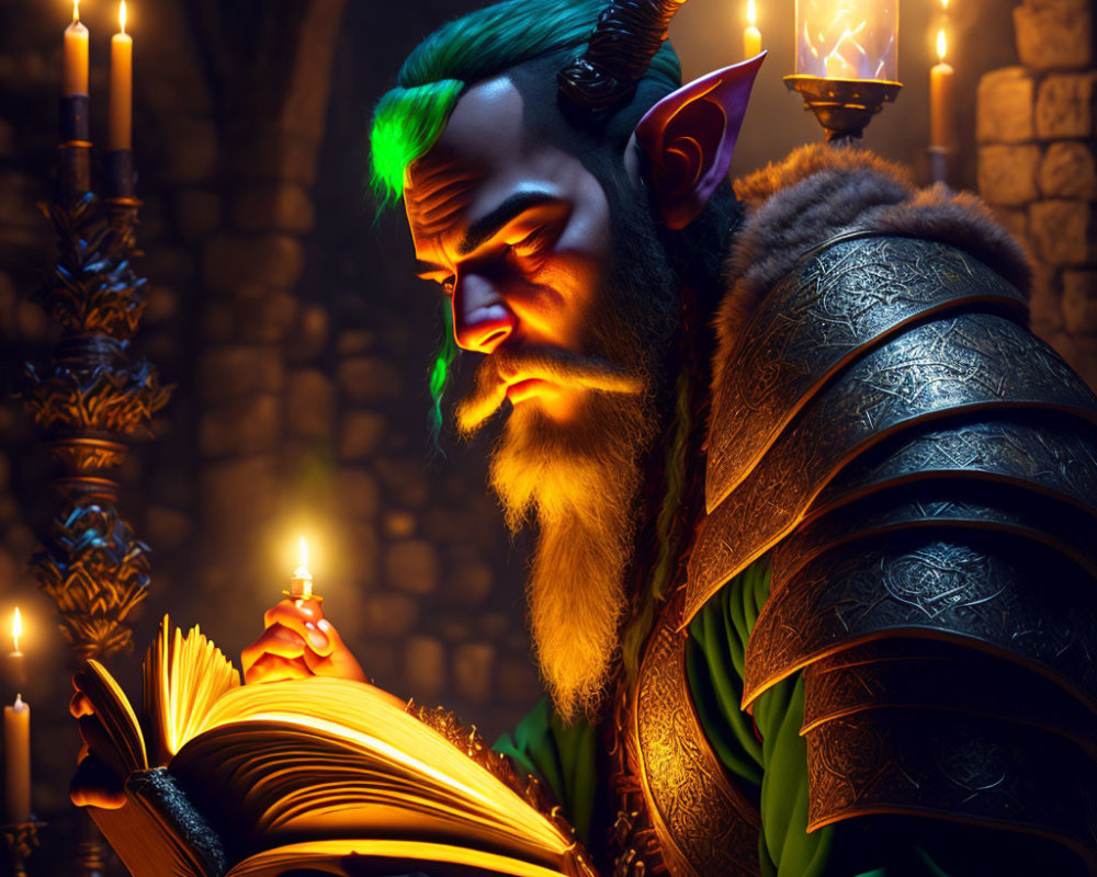 Green-haired elfin character reading book by candlelight in medieval chamber