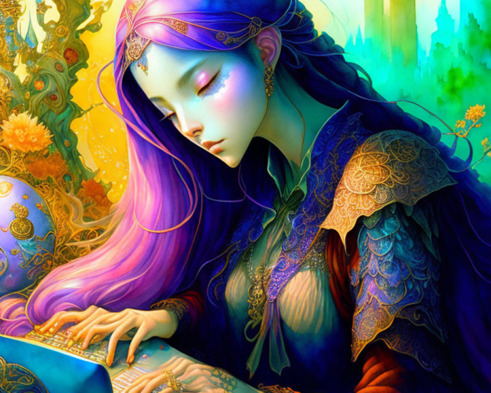 Fantasy woman with purple hair and elaborate clothing in magical setting