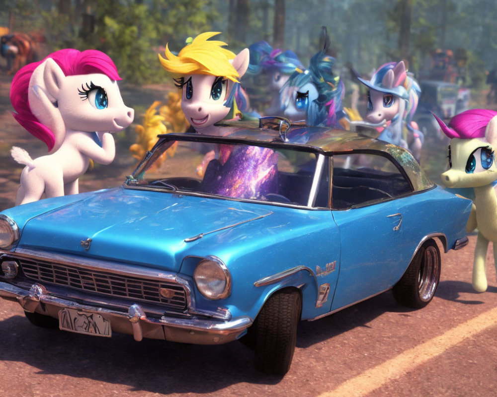 Realistic setting with animated ponies near old blue car