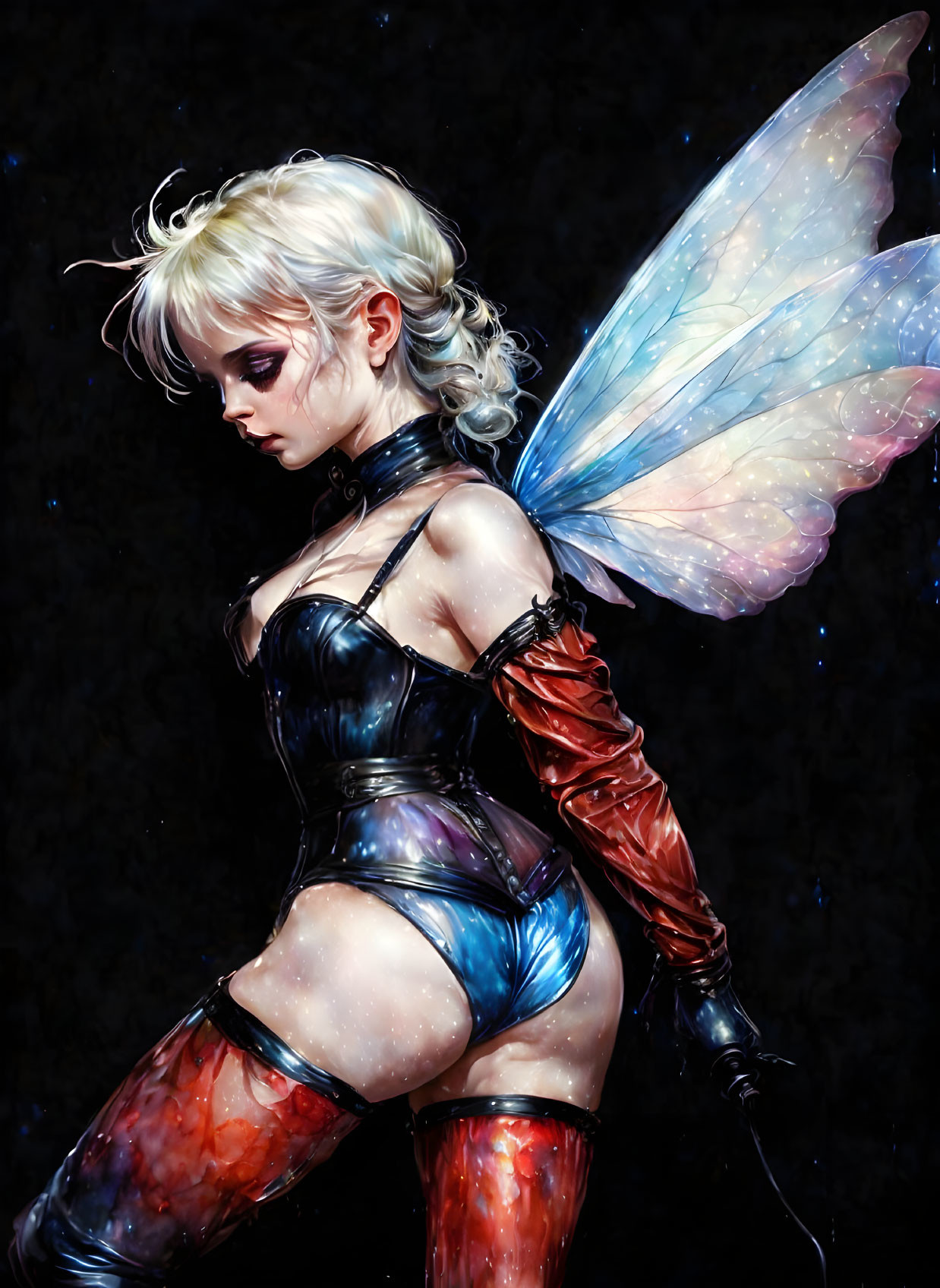 Stylized fairy illustration with translucent wings and dark bodysuit