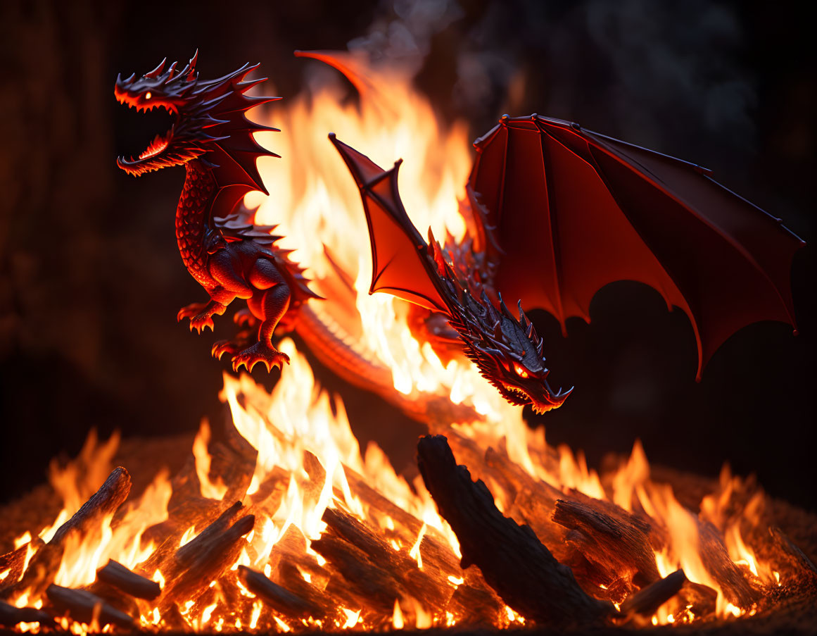 Red Dragon with Large Wings Surrounded by Flames in 3D Render