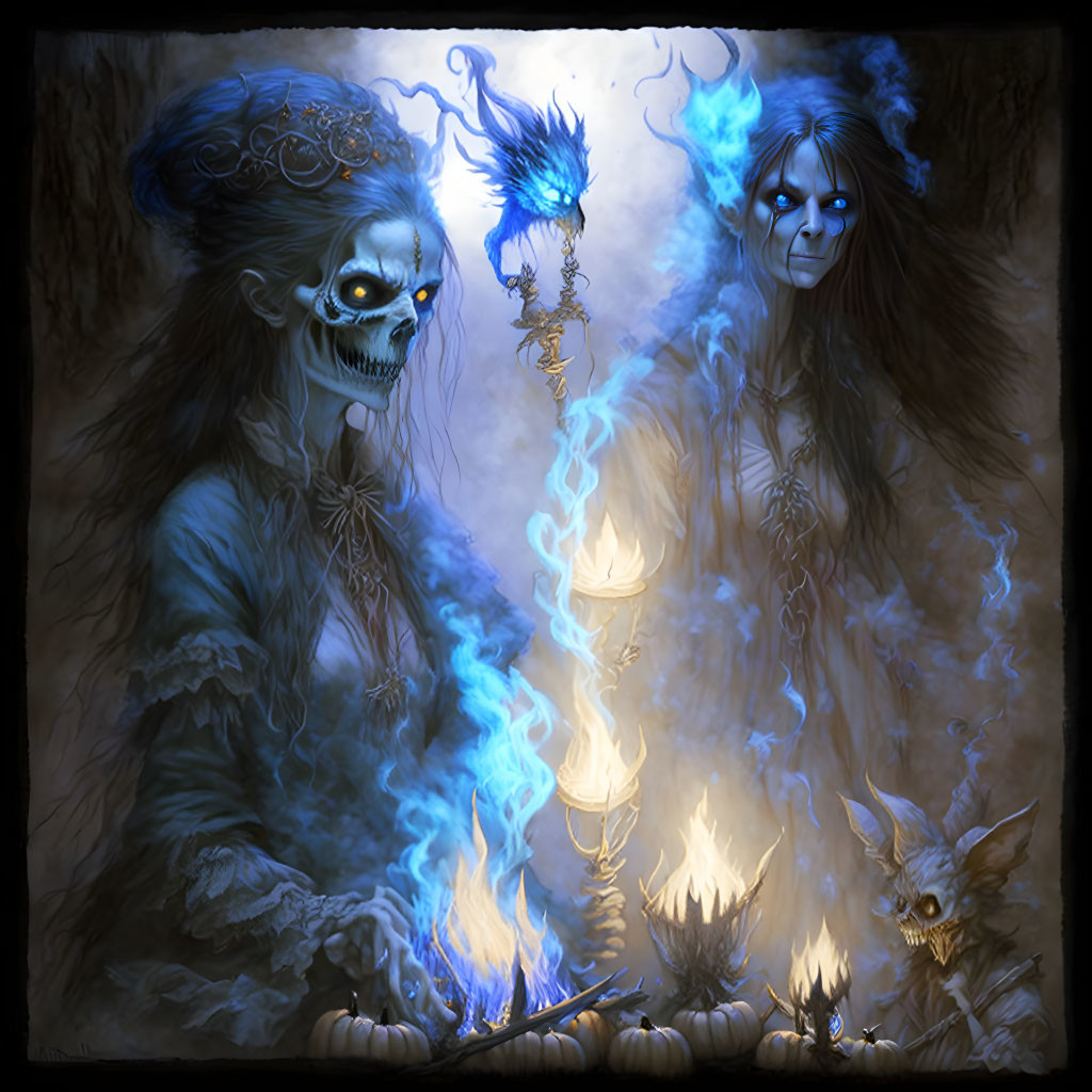 Ghostly figures with skull-like faces in blue flames holding artifacts, with a looming creature.