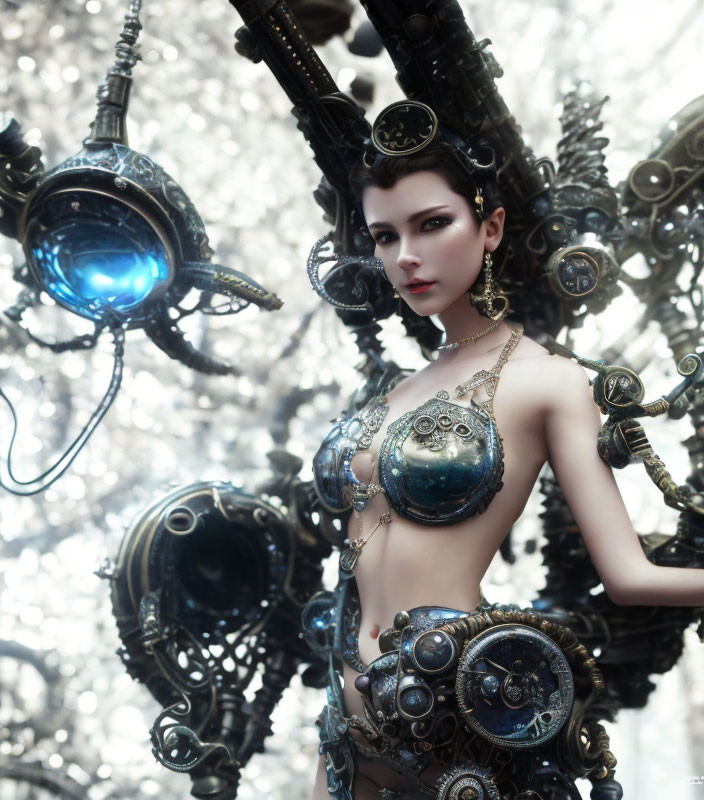 Futuristic steampunk style woman with intricate metallic adornments