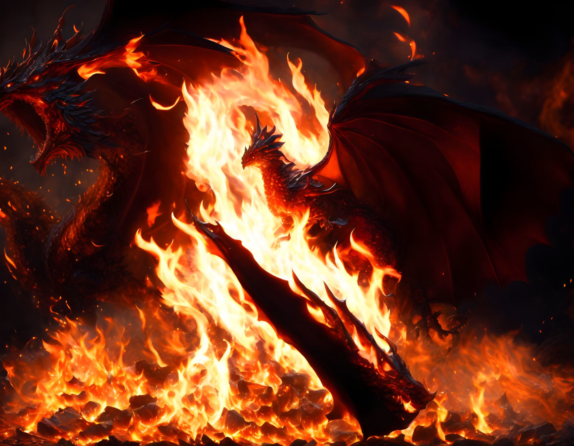 Fiery dragon engulfed in flames with spread wings and highlighted scales.