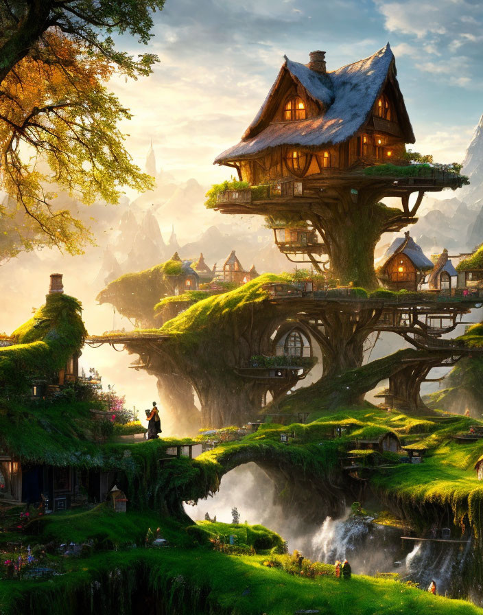 Majestic treehouse in fantasy landscape with castle, waterfalls, and lush greenery