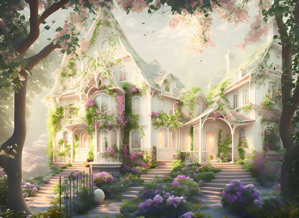 Victorian house in lush garden with blooming flowers