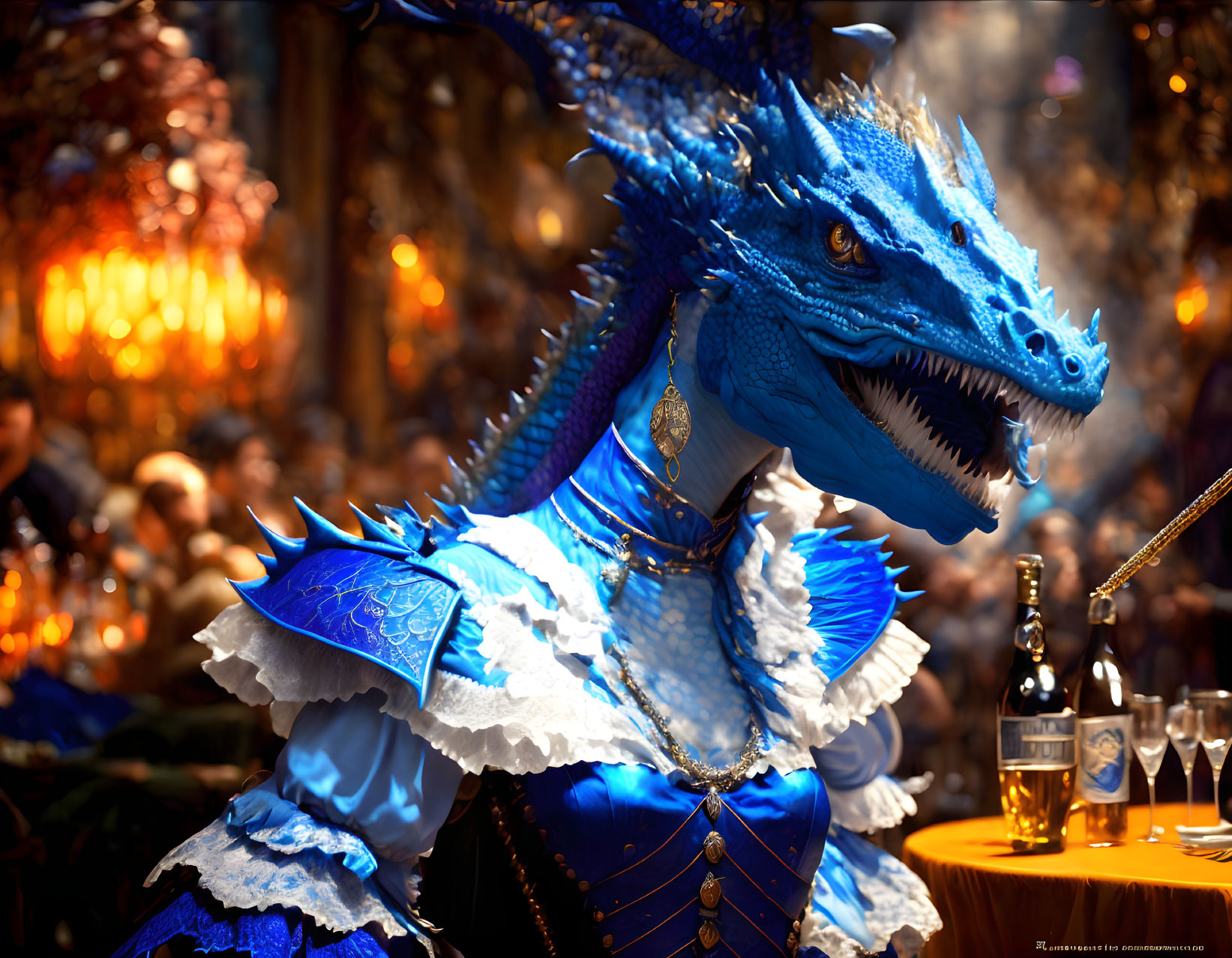 Intricate Blue Dragon Costume with Dress at Crowded Event