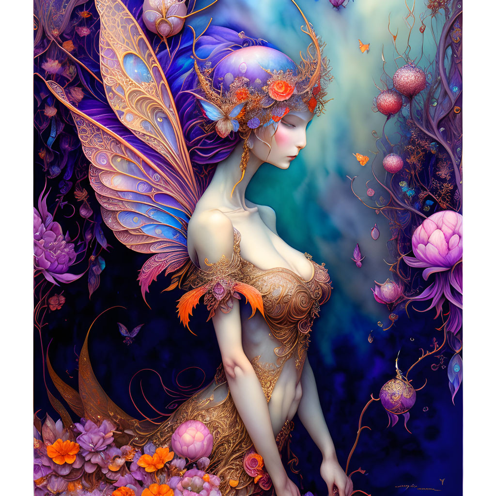 Fantasy Artwork: Serene Female with Butterfly Wings and Floral Crown