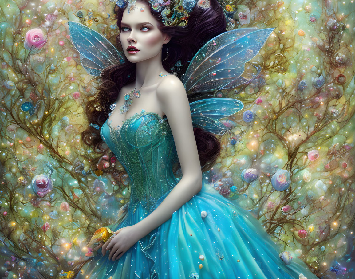 Fantastical fairy with iridescent wings in turquoise gown in enchanted forest.