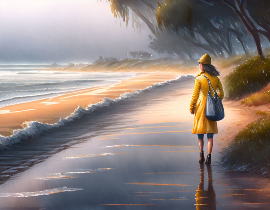 Person in Yellow Coat Walking on Misty Beach with Waves and Trees