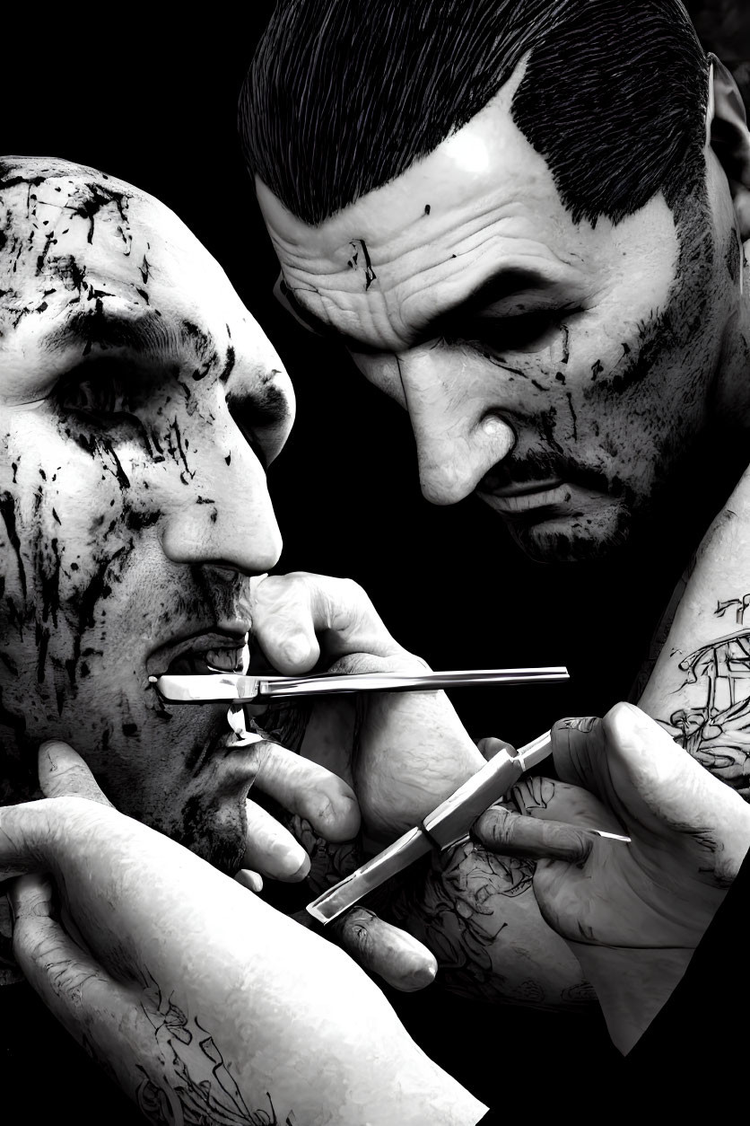 Monochrome illustration of two tattooed figures sharing a cigarette