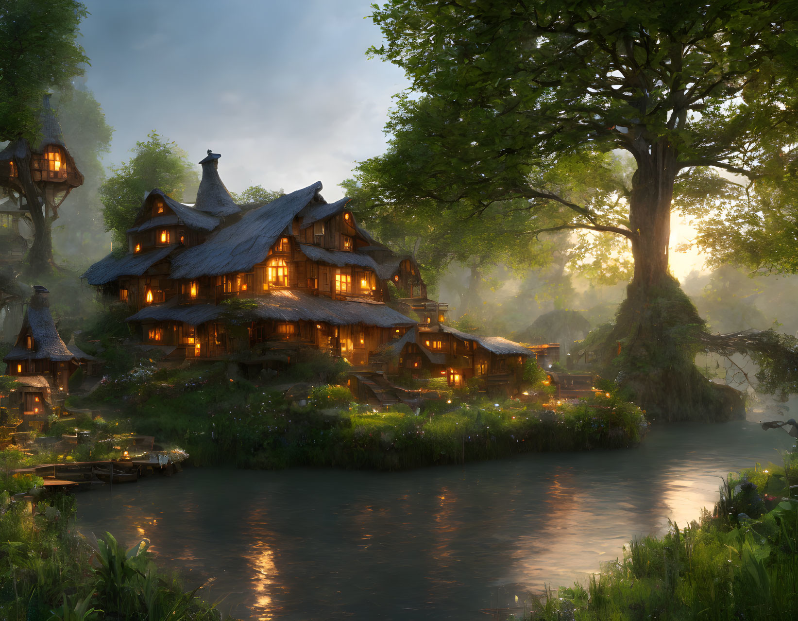 Enchanted multi-story cottage in lush greenery by serene river at twilight