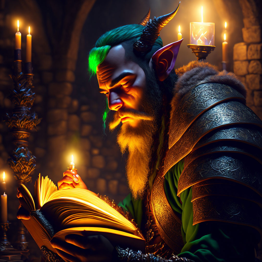 Green-haired elfin character reading book by candlelight in medieval chamber