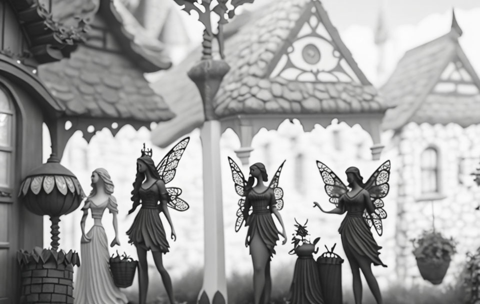 Monochrome fairy figurines with intricate wings in front of whimsical miniature house